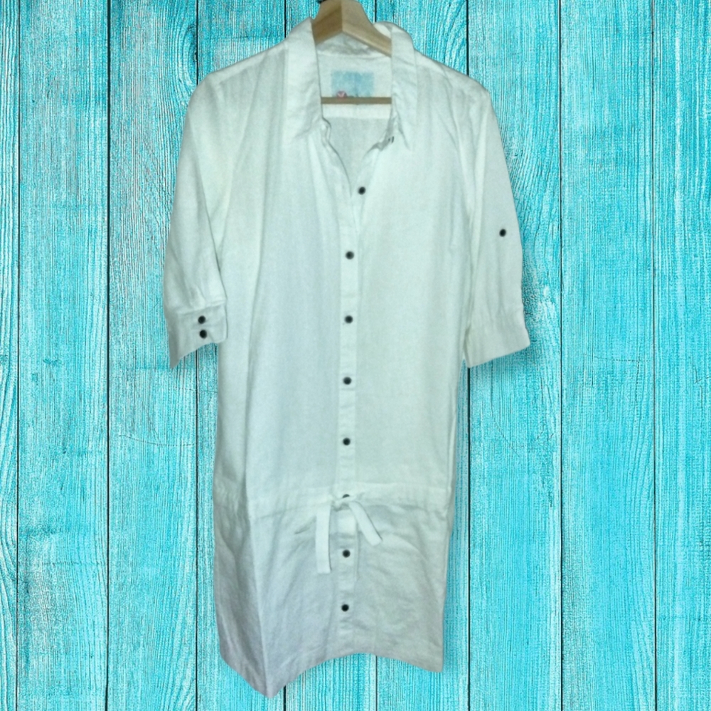 NWT Carve Designs White Linen Beach Cover-Up Waikiki Shirt Dress Button Size M L